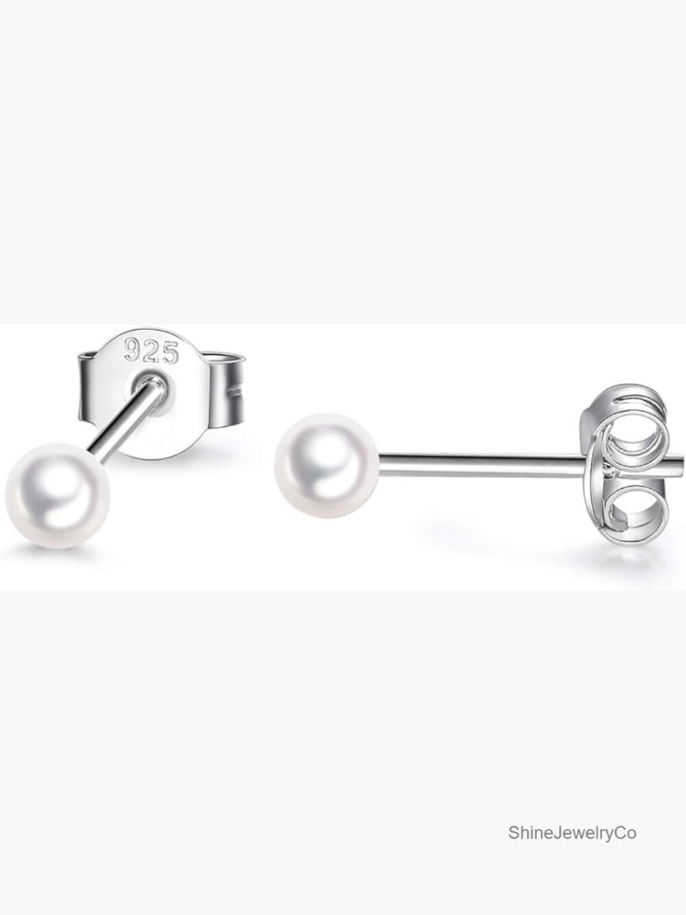 Sterling Silver Stud Earrings Hypoallergenic 3mm Pearl Cubic Zirconia Round Ball